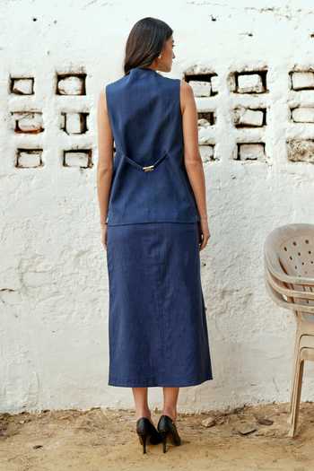 Shop_Raasa_Blue Handloom Cotton V-neck Day Waistcoat And Slit Skirt Set _at_Aza_Fashions