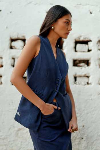 Raasa_Blue Handloom Cotton V-neck Day Waistcoat _Online_at_Aza_Fashions