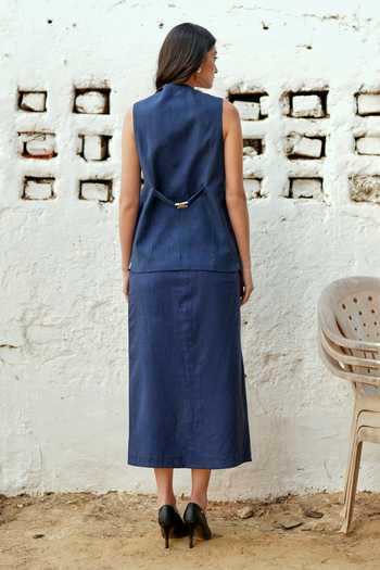 Shop_Raasa_Blue Handloom Cotton V-neck Day Waistcoat _at_Aza_Fashions