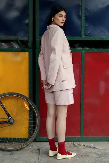 Raasa_Pink Handloom Cotton V-neck Rosewood Blazer And Shorts Set _Online_at_Aza_Fashions