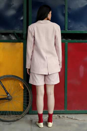 Shop_Raasa_Pink Handloom Cotton V-neck Rosewood Blazer And Shorts Set _at_Aza_Fashions