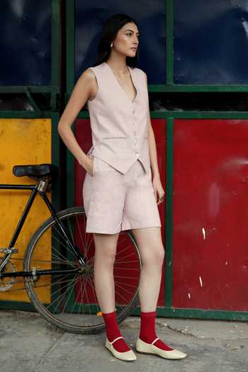 Shop_Raasa_Pink Handloom Cotton V-neck Rosewood Blazer And Shorts Set 