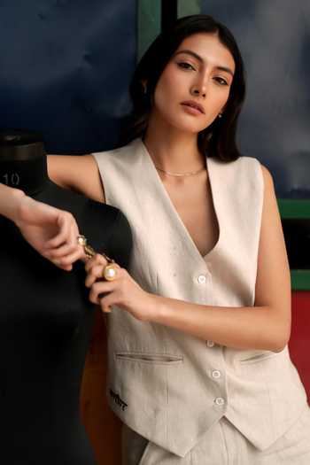 Raasa_Off White Handloom Cotton V-neck Ash Cloud Blazer And Trouser Set _Online_at_Aza_Fashions