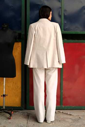 Shop_Raasa_Off White Handloom Cotton V-neck Ash Cloud Blazer And Trouser Set _at_Aza_Fashions