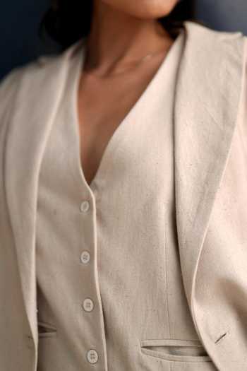 Shop_Raasa_Off White Handloom Cotton V-neck Ash Cloud Blazer And Trouser Set 