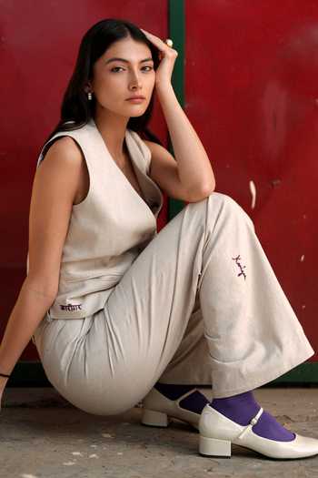 Raasa_Off White Handloom Cotton V-neck Ash Cloud Waistcoat And Trouser Set _Online_at_Aza_Fashions