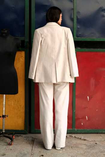 Shop_Raasa_Off White Handloom Cotton Collared Ash Cloud Blazer _at_Aza_Fashions