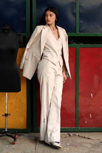 Shop_Raasa_Off White Handloom Cotton Collared Ash Cloud Blazer _Online_at_Aza_Fashions