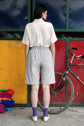 Buy_Raasa_White Handloom Cotton Collared Cloud Mark Shirt And Shorts Set _Online_at_Aza_Fashions
