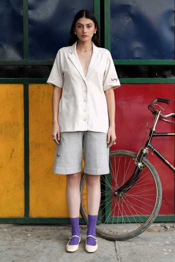 Shop_Raasa_White Handloom Cotton Collared Cloud Mark Shirt And Shorts Set _Online_at_Aza_Fashions