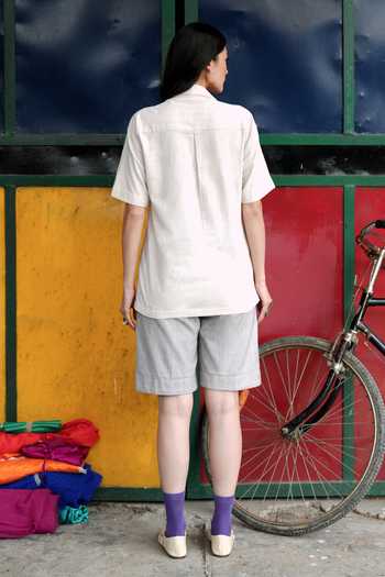 Shop_Raasa_White Handloom Cotton Collared Cloud Mark Shirt And Shorts Set _at_Aza_Fashions