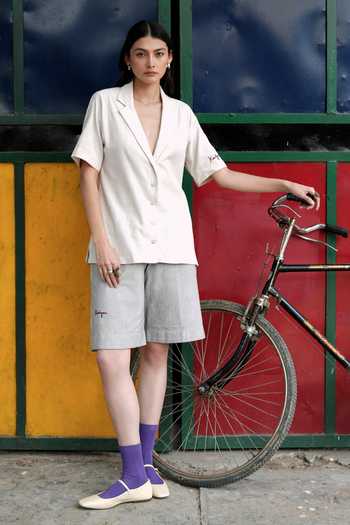Buy_Raasa_White Handloom Cotton Collared Cloud Mark Shirt And Shorts Set _at_Aza_Fashions