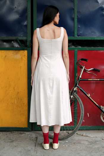 Shop_Raasa_White Handloom Cotton Square Neck Moonlace Dress _at_Aza_Fashions