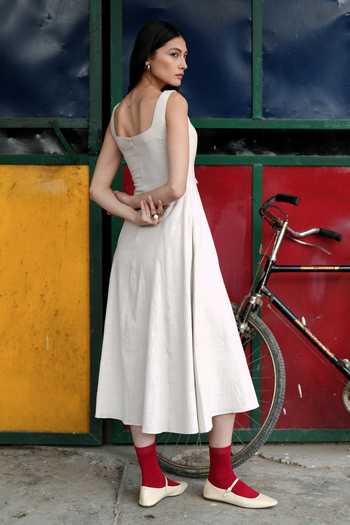 Shop_Raasa_White Handloom Cotton Square Neck Moonlace Dress _Online_at_Aza_Fashions