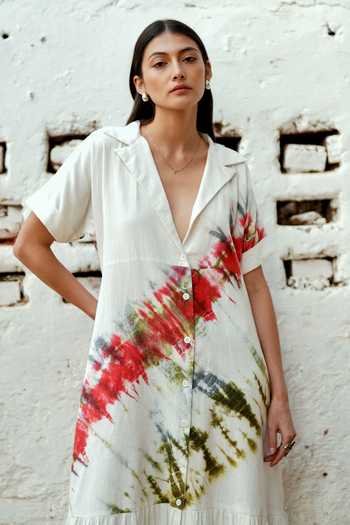 Buy_Raasa_White Handloom Cotton V-neck, Collared Forest Flame Dress _Online_at_Aza_Fashions