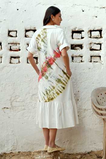 Shop_Raasa_White Handloom Cotton V-neck, Collared Forest Flame Dress _at_Aza_Fashions