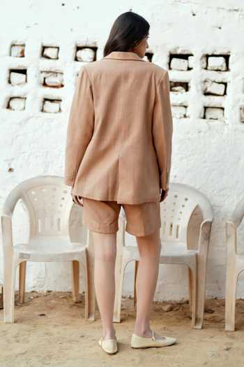 Shop_Raasa_Brown Handloom Cotton V-neck Sand Dune Blazer And Shorts Set _at_Aza_Fashions