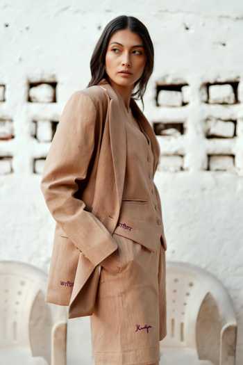 Raasa_Brown Handloom Cotton V-neck Sand Dune Blazer And Shorts Set _Online_at_Aza_Fashions