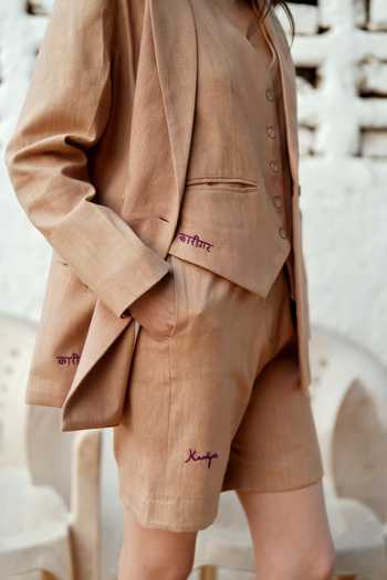Buy_Raasa_Brown Handloom Cotton V-neck Sand Dune Blazer And Shorts Set _Online_at_Aza_Fashions