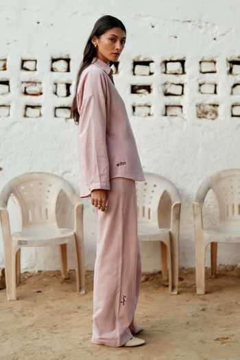 Buy_Raasa_Pink Handloom Cotton Collared Frosted Shirt And Trouser Set _Online_at_Aza_Fashions