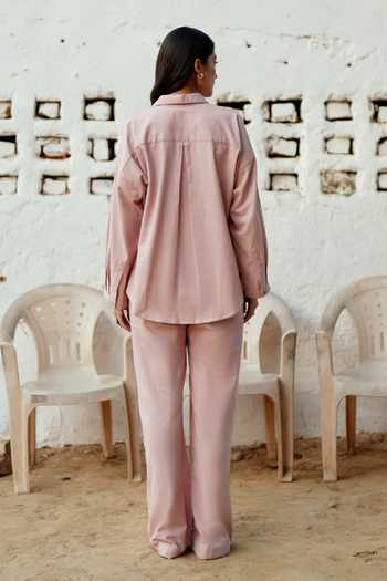 Shop_Raasa_Pink Handloom Cotton Collared Frosted Shirt And Trouser Set _at_Aza_Fashions