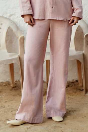Shop_Raasa_Pink Handloom Cotton Collared Frosted Shirt And Trouser Set _Online_at_Aza_Fashions