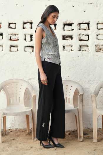 Buy_Raasa_Black Handloom Cotton Embroidery Unravelled Threads Waistcoat And Trouser Set _Online_at_Aza_Fashions