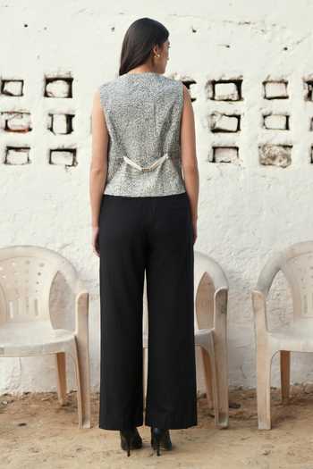 Shop_Raasa_Black Handloom Cotton Embroidery Unravelled Threads Waistcoat And Trouser Set _at_Aza_Fashions