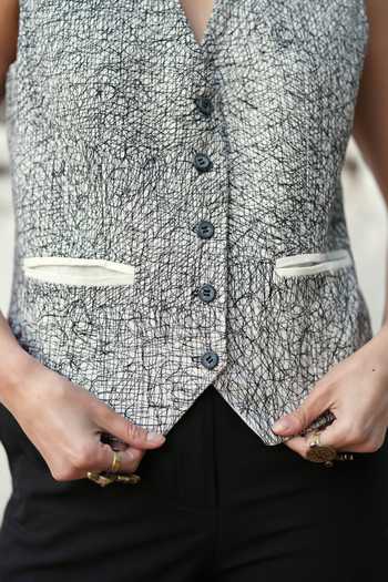 Shop_Raasa_Black Handloom Cotton Embroidery Unravelled Threads Waistcoat And Trouser Set _Online_at_Aza_Fashions
