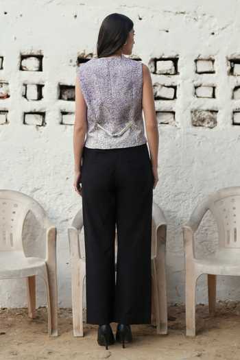 Shop_Raasa_Purple Handloom Cotton Embroidery Unravelled Threads Waistcoat And Trouser Set _at_Aza_Fashions