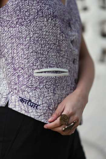 Raasa_Purple Handloom Cotton Embroidery Unravelled Threads Waistcoat And Trouser Set _at_Aza_Fashions