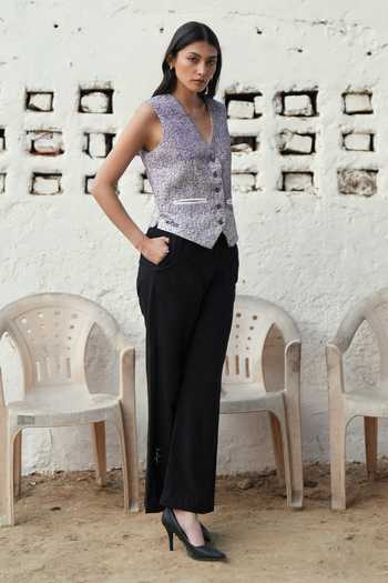 Buy_Raasa_Purple Handloom Cotton Embroidery V-neck Unravelled Threads Waistcoat _Online_at_Aza_Fashions