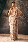 Shop_Mani Bhatia_Ivory Satin, Chiffon Zari Elysia Printed Pre-draped Saree With Jacket _at_Aza_Fashions
