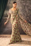 Mani Bhatia_Green Satin, Chiffon Marbelle Floral Print Pre-draped Saree With Blouse _Online_at_Aza_Fashions