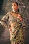 Buy_Mani Bhatia_Green Satin, Chiffon Marbelle Floral Print Pre-draped Saree With Blouse _Online_at_Aza_Fashions
