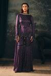 Buy_Mani Bhatia_Wine Satin, Net Beads, Pearls, Tassels Zaria Floral Print Kurta Gharara Set _at_Aza_Fashions
