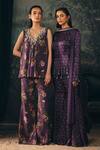 Shop_Mani Bhatia_Wine Satin, Net Beads, Pearls, Tassels Zaria Floral Print Kurta Gharara Set _Online_at_Aza_Fashions