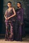 Mani Bhatia_Wine Satin, Net Beads, Pearls, Tassels Zaria Floral Print Kurta Gharara Set _at_Aza_Fashions