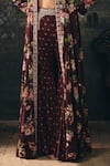 Mani Bhatia_Maroon Satin Embroidery Elaris Floral Print Jacket Palazzo Set _Online_at_Aza_Fashions