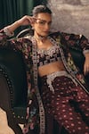 Buy_Mani Bhatia_Maroon Satin Embroidery Elaris Floral Print Jacket Palazzo Set _Online_at_Aza_Fashions