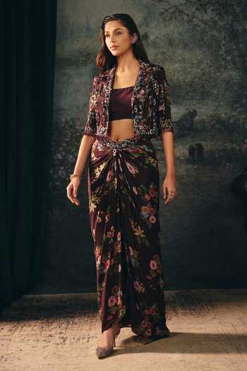 Mani Bhatia_Maroon Crepe Embroidery, Sequins, Beads Ophelia Floral Print Jacket Set _Online_at_Aza_Fashions