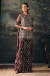 Mani Bhatia_Maroon Organza, Satin, Net Embroidery, Maline Floral Jacket Sharara Set _at_Aza_Fashions