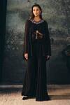 Buy_Mani Bhatia_Black Satin, Chiffon Beads, Plume Placement Embroidered Top And Palazzo Set _at_Aza_Fashions