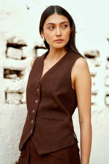 Buy_Raasa_Brown Handloom Cotton V-neck Earthy Waistcoat And Trouser Set _Online_at_Aza_Fashions