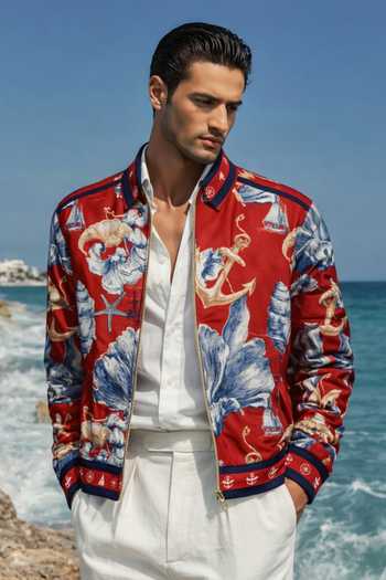 Buy_MR. Ajay Kumar_Multi Color Polyester Oceanic Print Bomber Jacket _at_Aza_Fashions