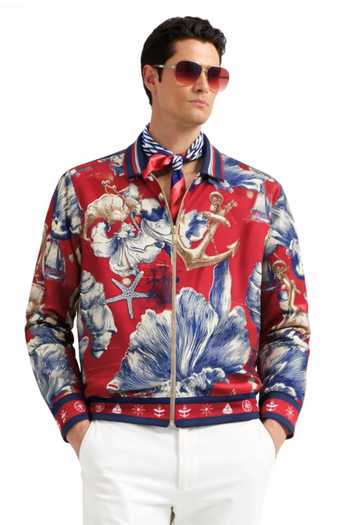 MR. Ajay Kumar_Multi Color Polyester Oceanic Print Bomber Jacket _at_Aza_Fashions
