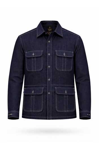 MR. Ajay Kumar_Blue Cotton Satin, Lycra Embroidery Bluemarine Denim Hunter Jacket _Online_at_Aza_Fashions