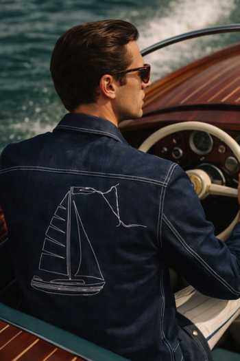 Shop_MR. Ajay Kumar_Blue Cotton Satin, Lycra Embroidery Bluemarine Denim Hunter Jacket _Online_at_Aza_Fashions