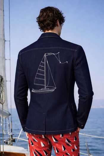 Shop_MR. Ajay Kumar_Blue Cotton Satin, Lycra Embroidery Bluemarine Denim Hunter Jacket _at_Aza_Fashions