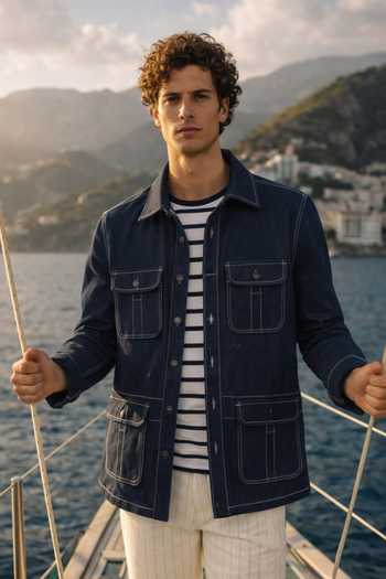 MR. Ajay Kumar_Blue Cotton Satin, Lycra Embroidery Bluemarine Denim Hunter Jacket _at_Aza_Fashions